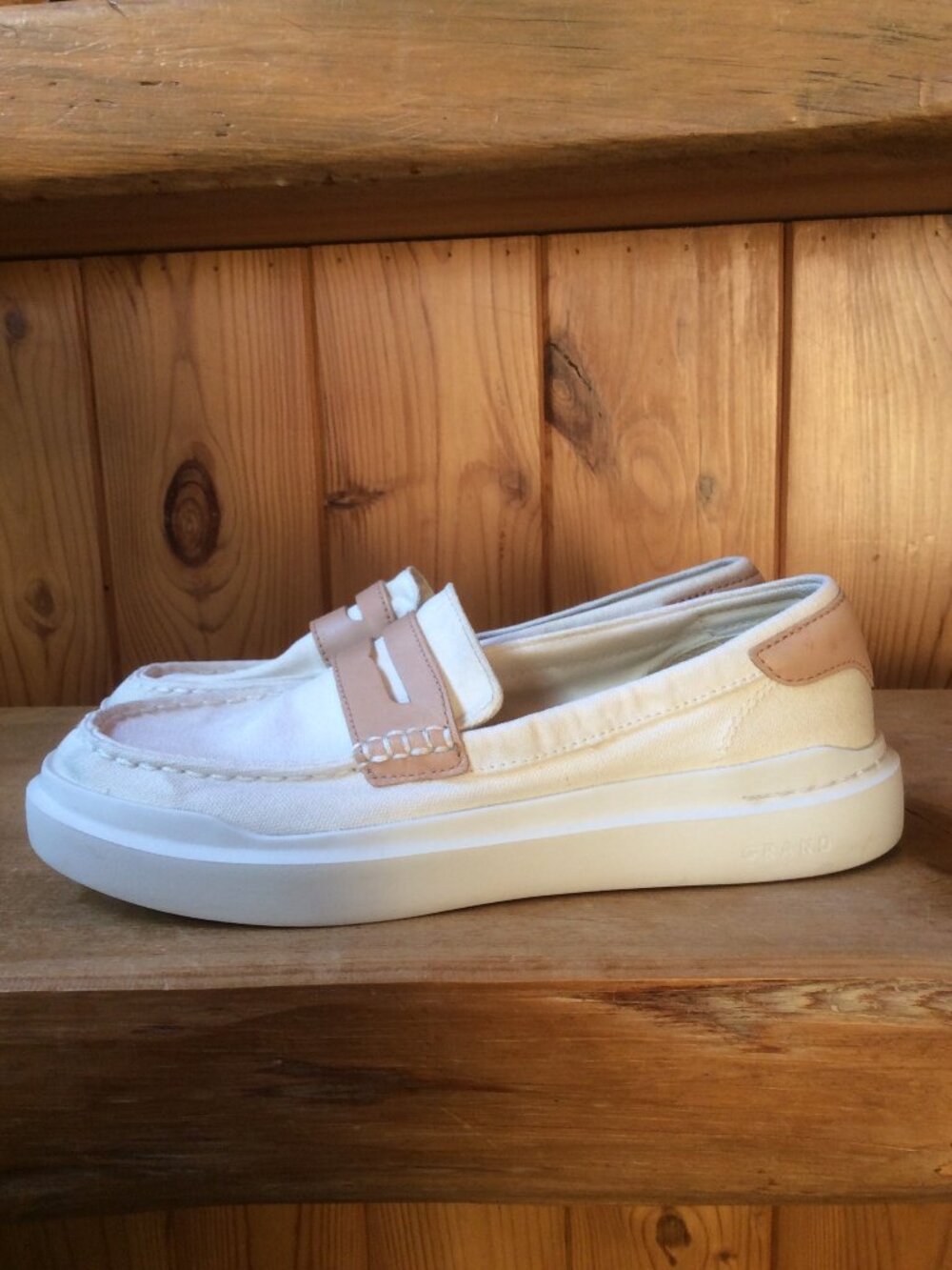 Cole Haan Womens GrandPro Rally Ivory Canvas/Natural Slip On Penny Loafers Sz 7B